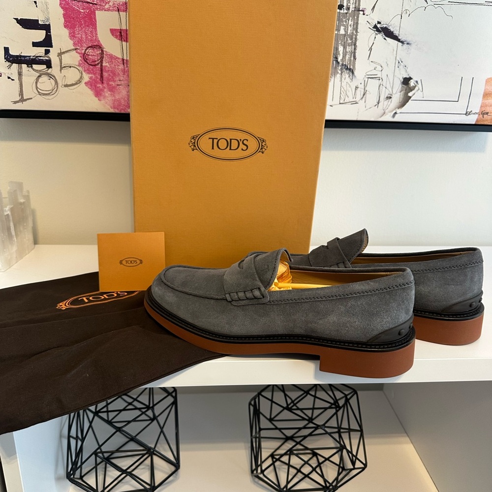 Tod's Men’s Mocassino Semiformale XL Slate Grey Suede Loafers, Sz 7, New in Box